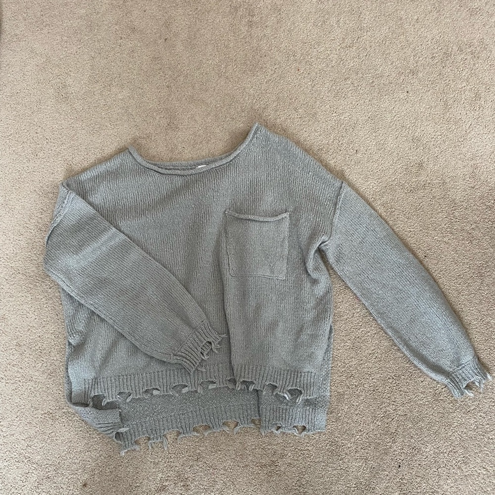 Freshman 1996 light grey sweater distressing on edges scoop neck